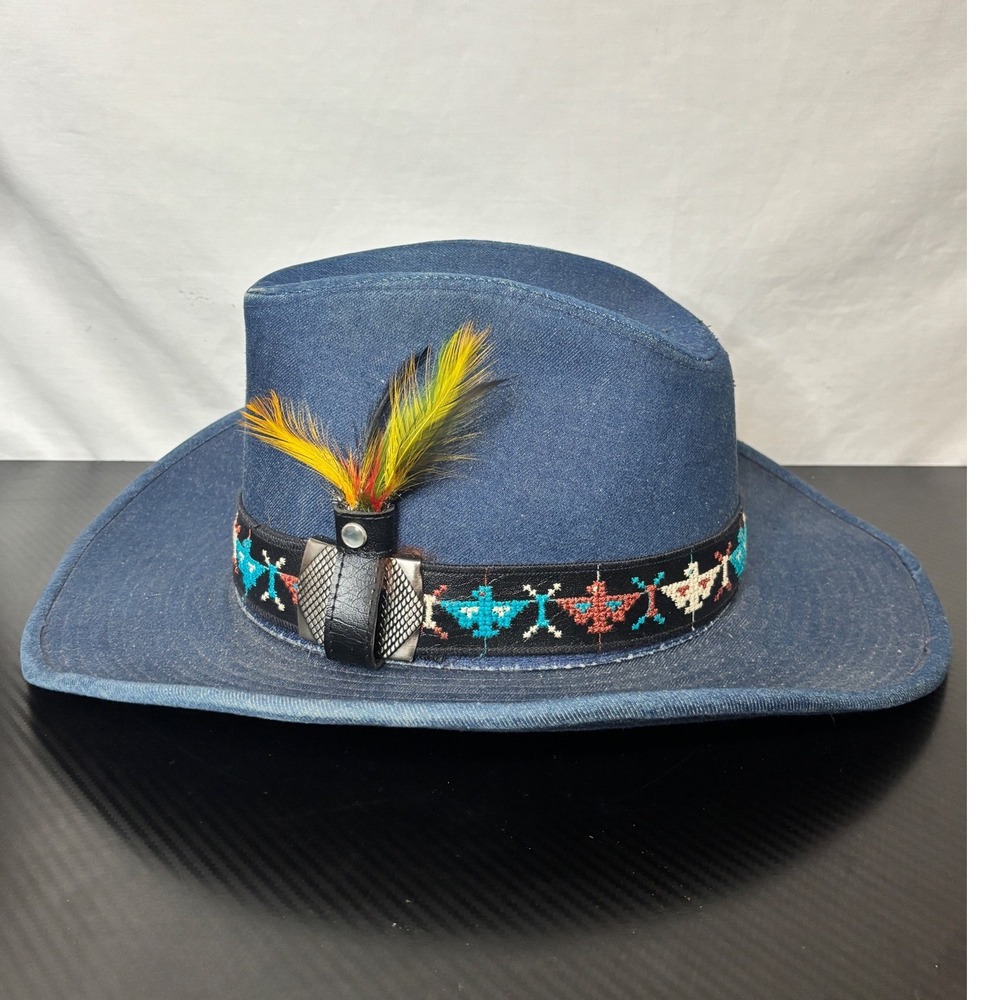 Vintage YA Blue Denim Cowboy Hat Western Feather Woven Band Large 7 1/4 - 7 3/8